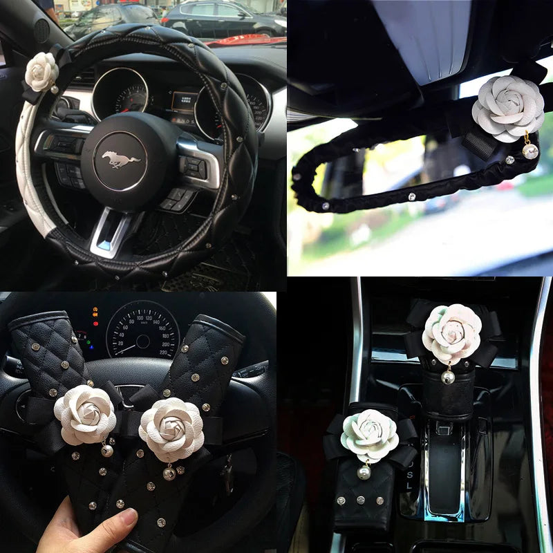 Camellia Flower Car Interior Accessories Crystal Leather Steering Wheel Cover