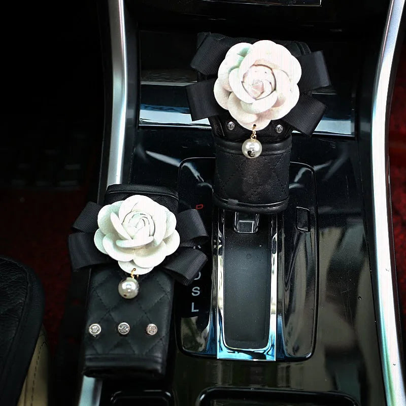 Camellia Flower Car Interior Accessories Crystal Leather Steering Wheel Cover