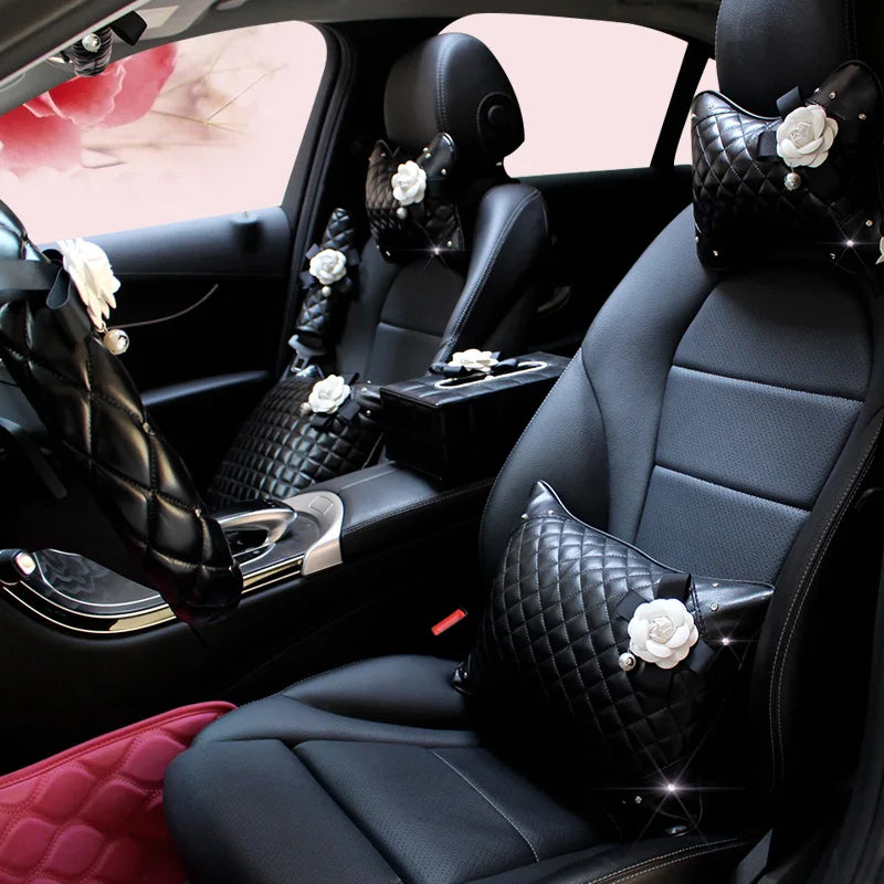 Camellia Flower Car Interior Accessories Crystal Leather Steering Wheel Cover