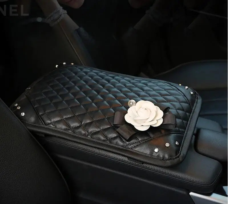 Camellia Flower Car Interior Accessories Crystal Leather Steering Wheel Cover