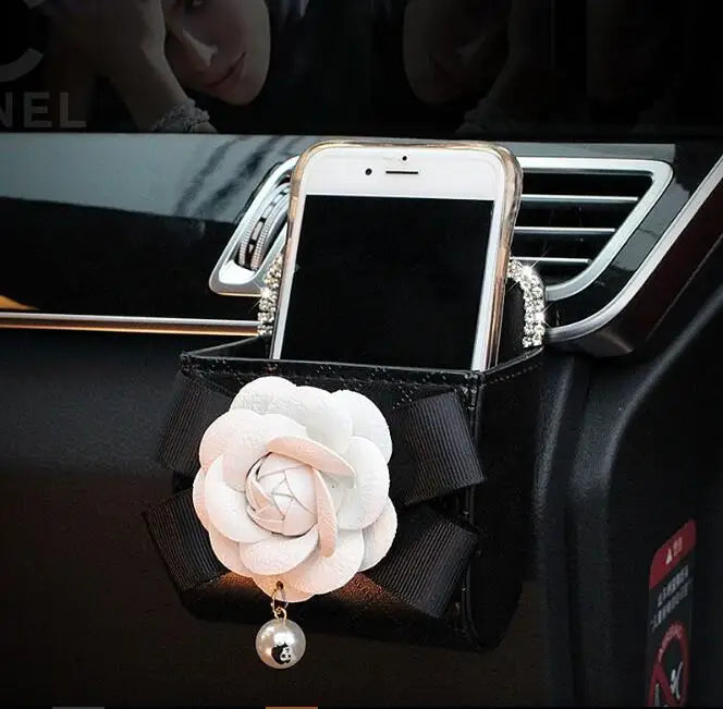 Camellia Flower Car Interior Accessories Crystal Leather Steering Wheel Cover
