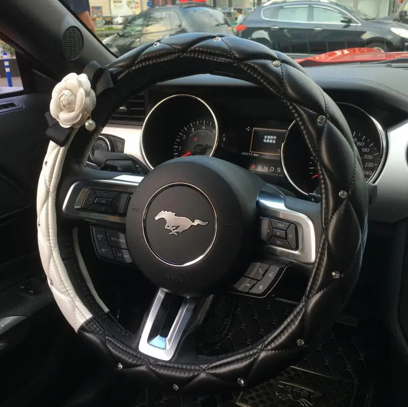 Camellia Flower Car Interior Accessories Crystal Leather Steering Wheel Cover