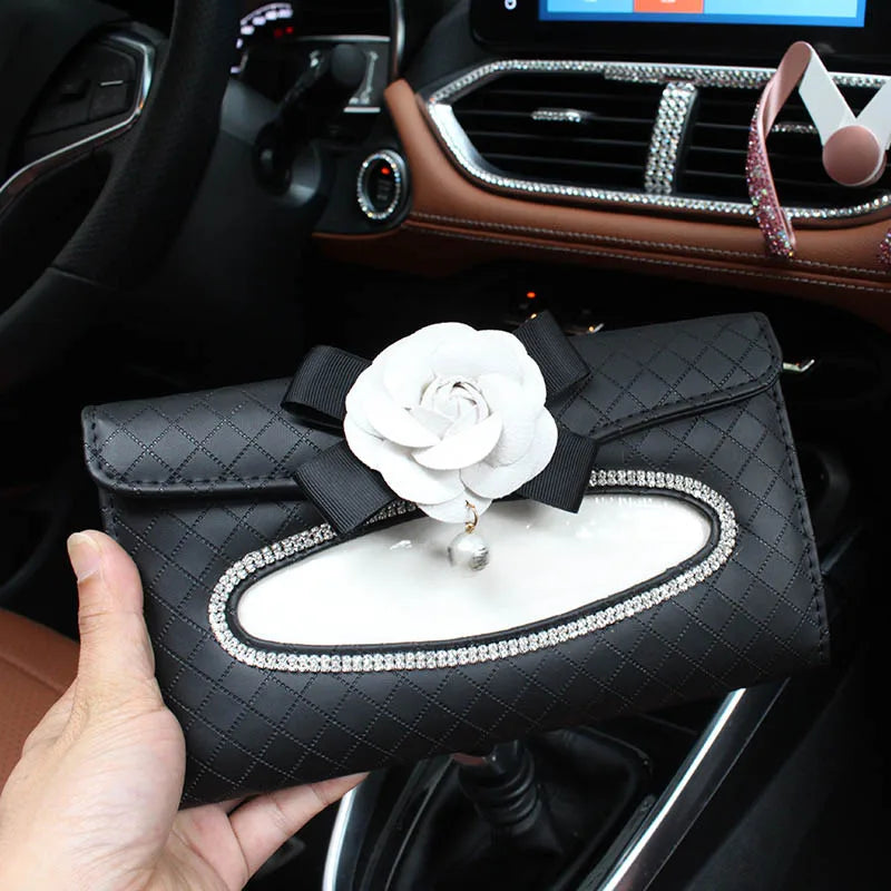 Camellia Flower Car Interior Accessories Crystal Leather Steering Wheel Cover