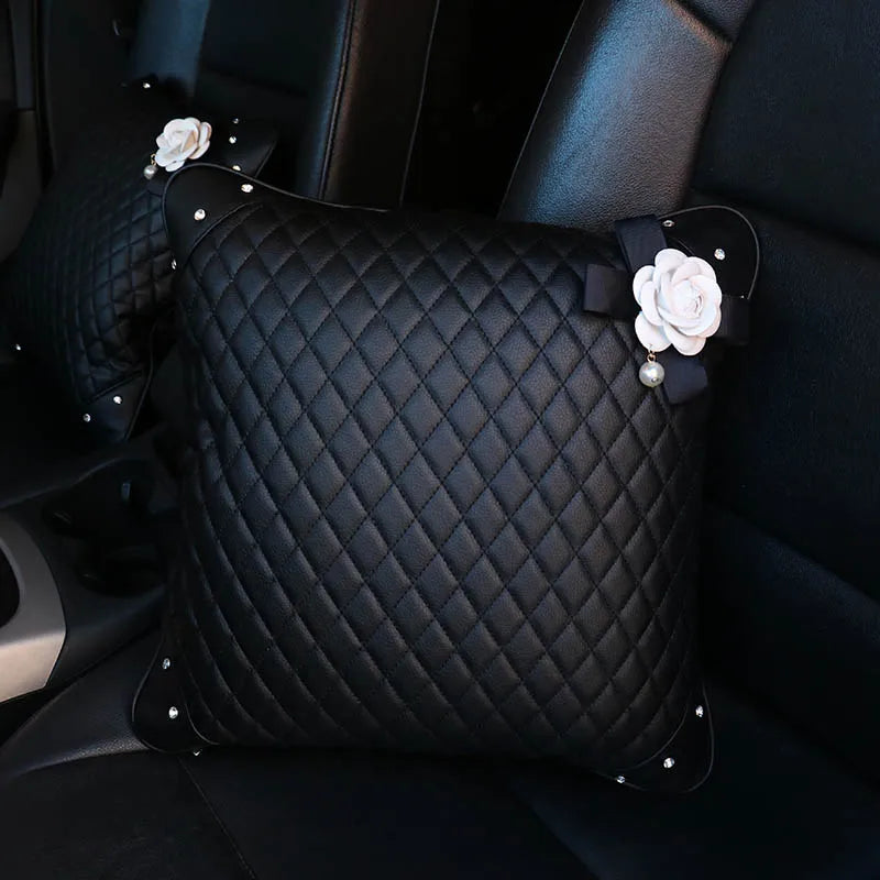 Camellia Flower Car Interior Accessories Crystal Leather Steering Wheel Cover