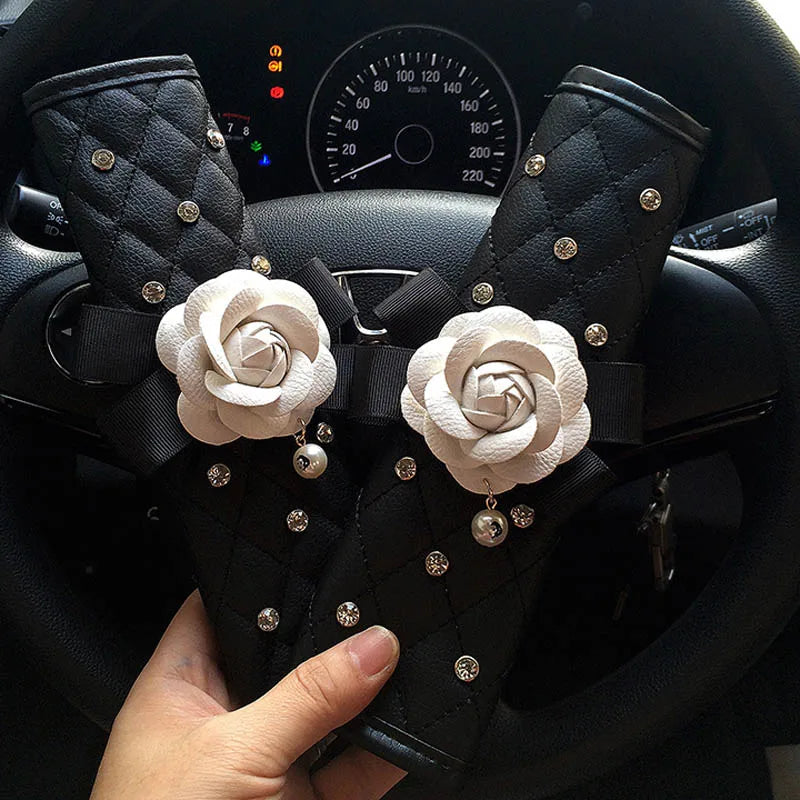 Camellia Flower Car Interior Accessories Crystal Leather Steering Wheel Cover