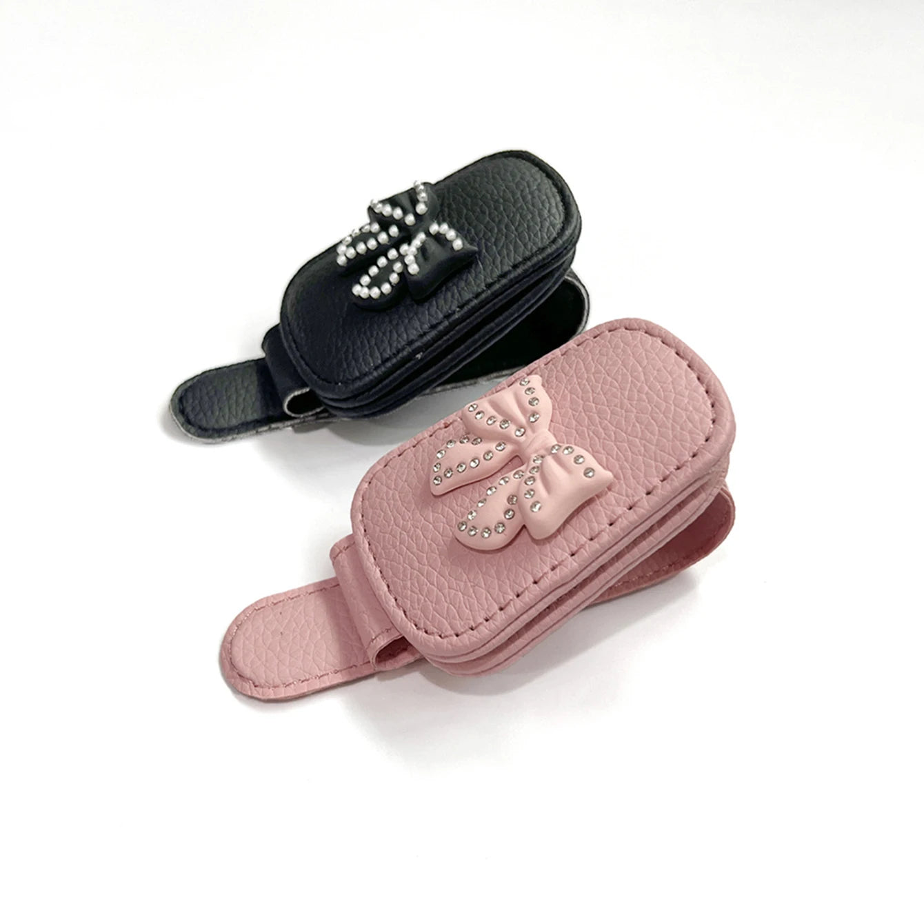 Car sun visor, glasses clip, bow tie with rhinestones