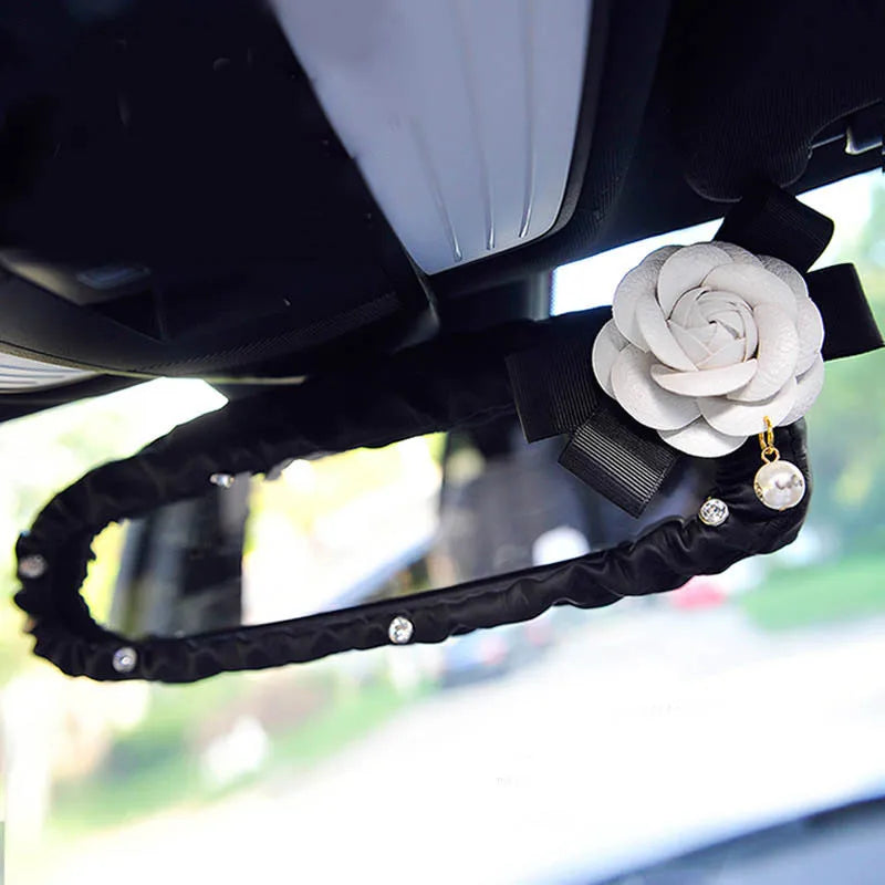 Camellia Flower Car Interior Accessories Crystal Leather Steering Wheel Cover