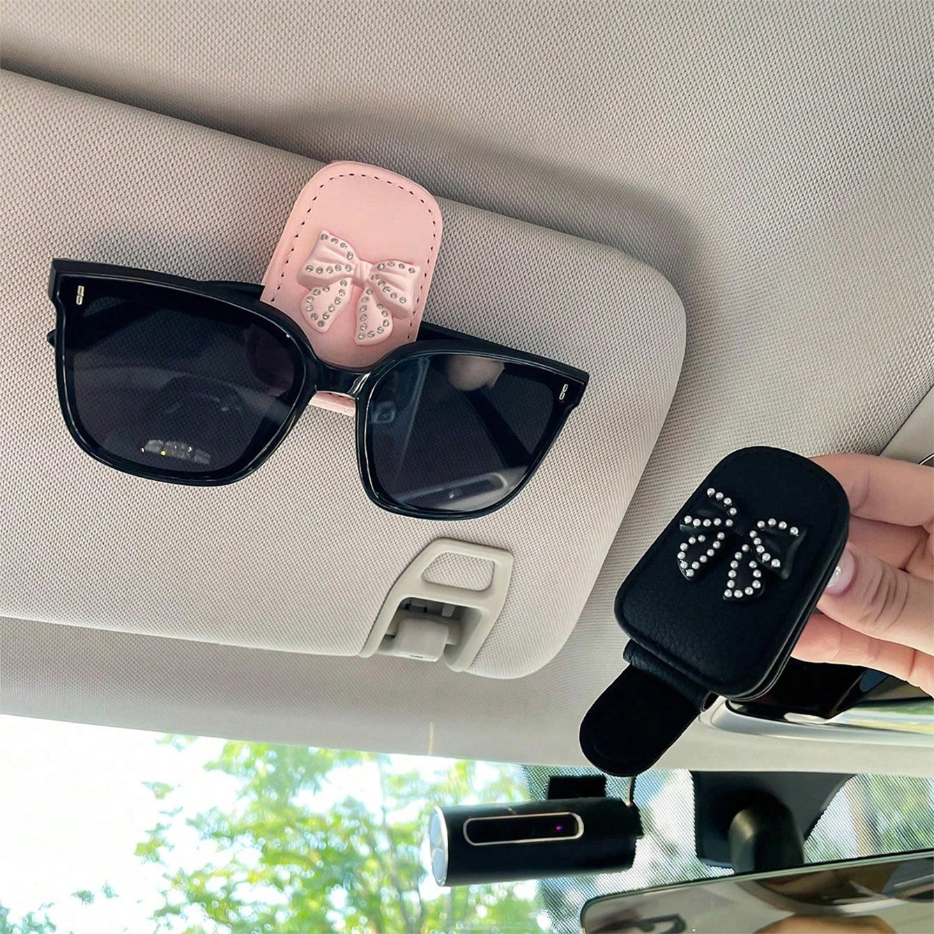 Car sun visor, glasses clip, bow tie with rhinestones
