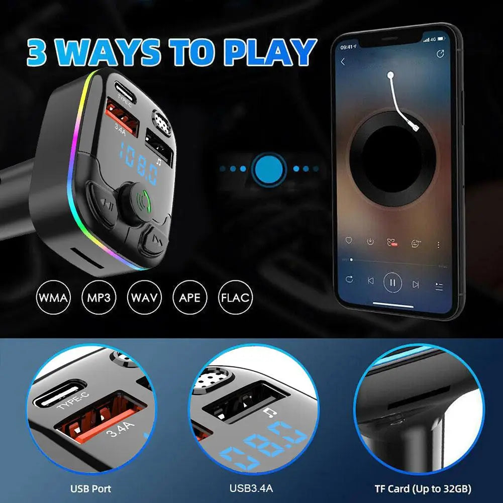 Bluetooth 5.0 Car FM Transmitter PD Type-C Dual USB