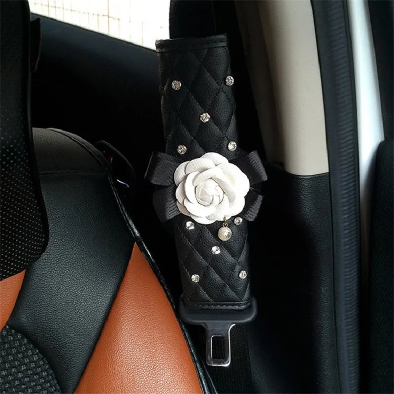 Camellia Flower Car Interior Accessories Crystal Leather Steering Wheel Cover