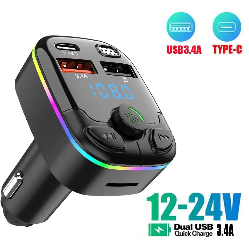 Bluetooth 5.0 Car FM Transmitter PD Type-C Dual USB