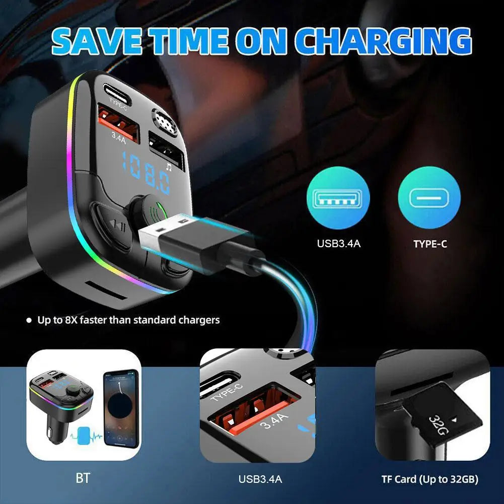 Bluetooth 5.0 Car FM Transmitter PD Type-C Dual USB